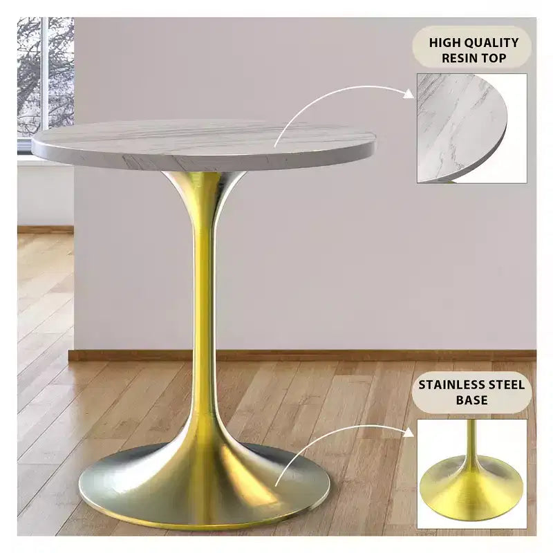 Round Dining Table - Modern Resin Top with Brushed Gold Pedestal Base