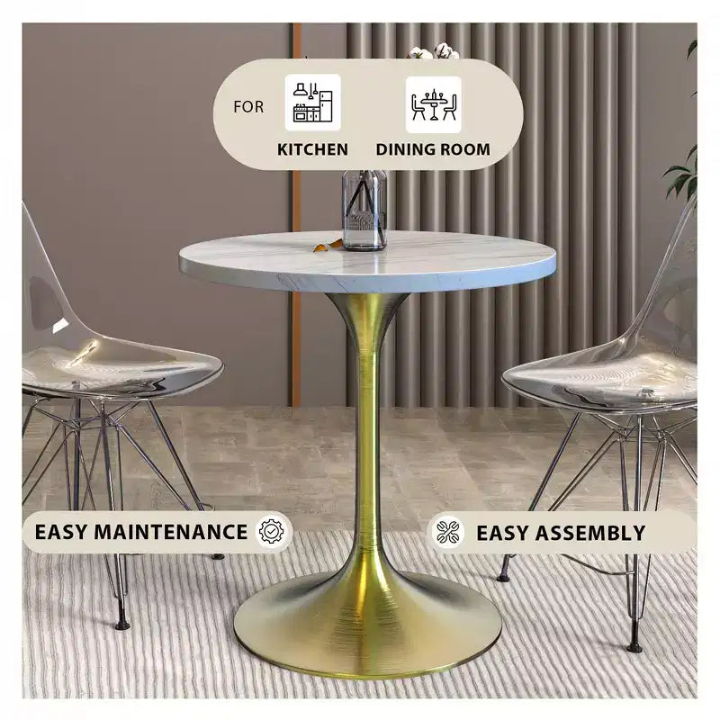 Table à manger ronde - Plateau en résine moderne avec pied en métal doré brossé